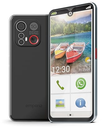 Emporia SMART.6, Smartphone 5G, semplice da usare, adatto a persone anziane, Tripla fotocamera 50 MP, Display da 6,58, Pulsante SOS, Smartcover e base di ricarica incluse, NFC, Android 13 (Italia)