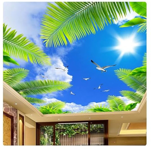 3D-Deckenwandbild, Fototapete, Wohnzimmerthema, Hoteldeckenwanddekoration, blauer Himmel, weiße Wolken, Strandbaumwand * 150 cm x 105 cm (59,1 x 41,3 Zoll)