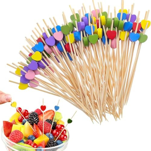 SGERUFZ 100 Pcs Herzform Cocktail Picks aus Holz Fingerfood Spieße für Bar Kuchen Party und Geburtstag Niedliche Deko Obstspieß Cocktail Deko Bunt