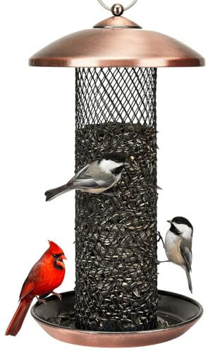 Kingsyard Vogelfutterspender aus Metall zum Aufhängen im Freien, Kardinal-Vogelfutterstation für Sonnenblumenkerne, großes Tablett und regendichtes Dach, 1,1 kg Kapazität (antikes Kupfer)