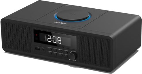 Roxel RCD-330BT - Mini sistema compacto todo en uno con reproductor de CD, reproducción USB, radio FM, transmisión BT, conector para auriculares y carga inalámbrica de teléfono