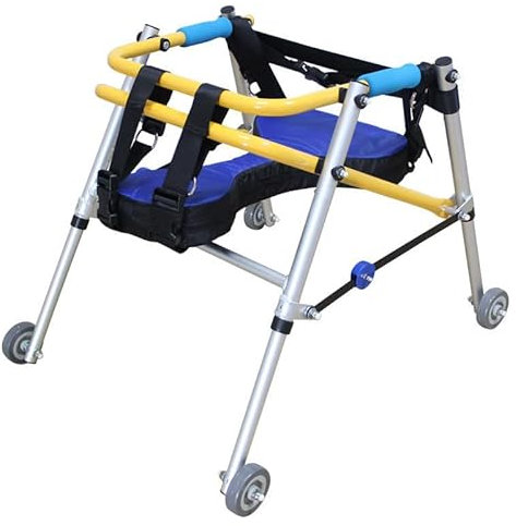 Leichter Hilfs-Stehrahmen für Gehhilfen aus Aluminiumlegierung mit Vier Rädern, höhenverstellbare Gehhilfe für Rehabilitationshilfen für Kinder, Gangtrainer, mit Sitzkissen, platzsparend