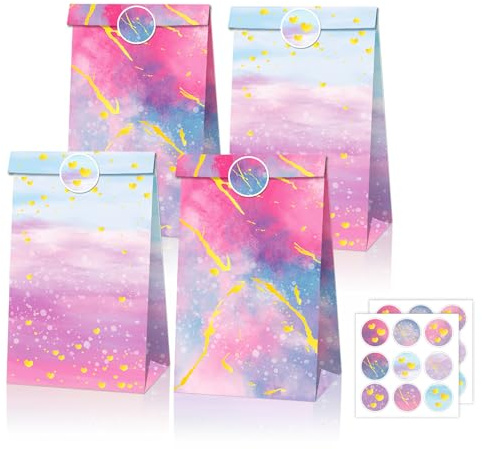 12 Regenbogen Geschenktüten Kindergeburtstage mit 18 Aufkleber, Papiertüten Candy Bunte Geschenktüte, Candy Tüten Süssigkeiten Beutel, Geschenktüten zum Verpacken von Geschenken
