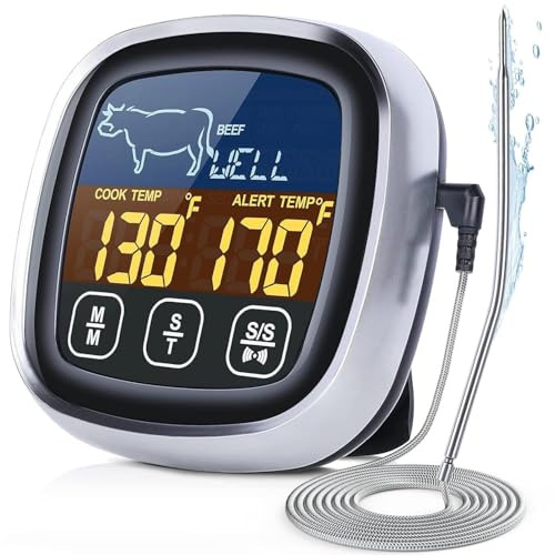 Meat Thermometer, with Waterproof Long Probe, Digital Meat Thermometer with Large Touchscreen LCD, Kitchen Timer, Grill Thermometer, Cooking Food Meat Thermometer Instant Read for Kitchen BBQ Oven