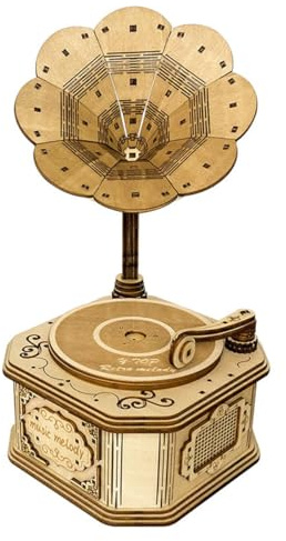 MetaHrystynx Wooden Retro Gramophone Music Box Puzzles, 3D Handcrafted Model with Music Box, Creative Assembly Kits 100+Pieces, Wind-Up Version