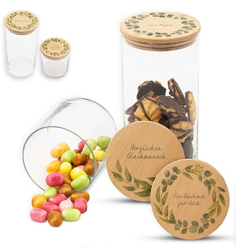 Amari ® Personalisierte Vorratsgläser (3er Set) mit Deckel - Aufbewahrungsdose für Küche, Hochzeit & besondere Anlässe - Keksdose, Nervennahrung, Vorratsglas, Erinnerungsglas (003.05.01)