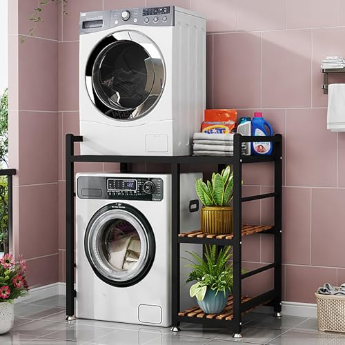 Estantería Lavadora De 3 Niveles,Soporte Secadora Sobre Lavadora,Soporte Para Secadora Con Estante,Unidad De Almacenamiento,Armario Para Lavadora Y Secadora,Para Baño, Cocina(Black-A)