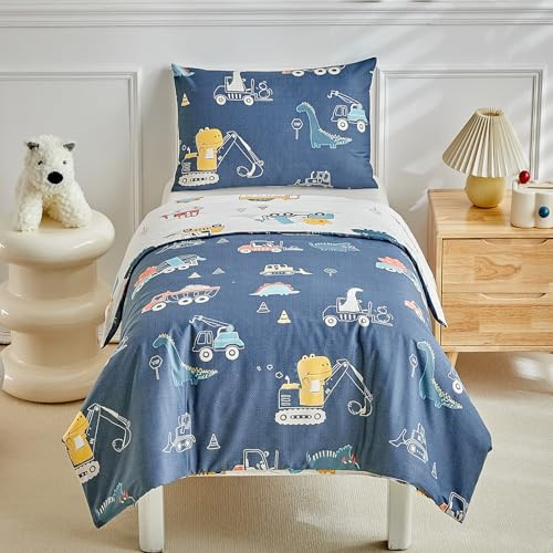 DuShow sängkläder i bomull för småbarn, dinosaurie, barnsäng, påslakanset för pojkar, vändbart påslakan och örngott set marinblå-120 x 150 cm