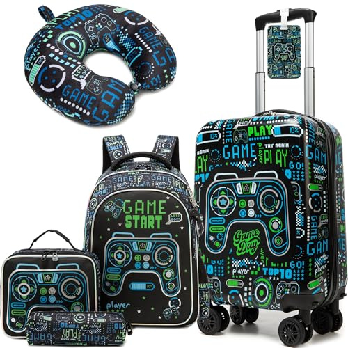 Homskiii Kindergepäck-Set, 5-teiliges Koffer-Set, 40,6 cm, Hartschalengepäck mit Spinnrollen, für Mädchen und Jungen, Handgepäck, Rollkoffer, Spiel 03, 16inch, Spielerisches Abenteuer
