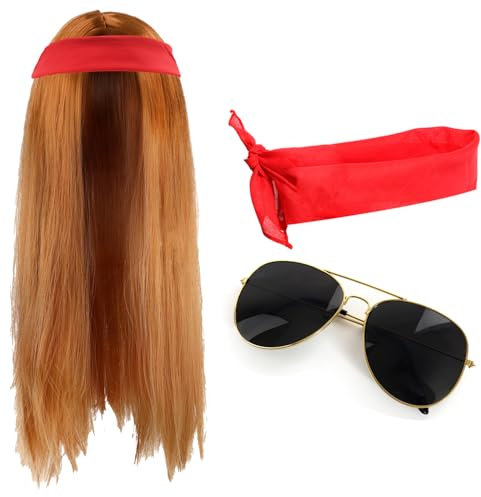 Adults 80s Rock Star Accessory Set - Long Ginger Wig, Plain Red Bandana, and Black Sunglasses - Mens 1980s Rock Band Fancy Dress Costume Accessory Set
