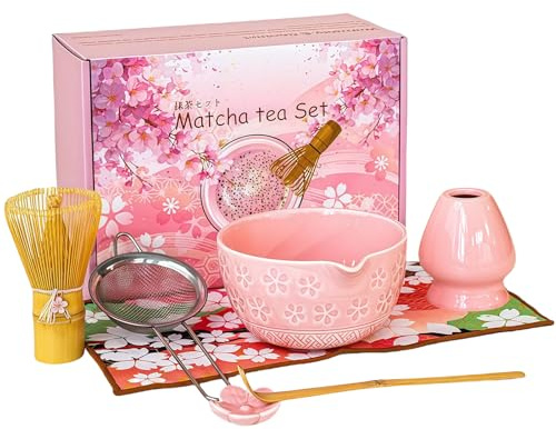 Garqitwan Juego de 7 batidores de matcha rosa con cuenco de matcha, batidor y soporte, cuchara de bambú, soporte para cucharas, tamiz y paño de té, regalo para amantes del matcha y principiantes