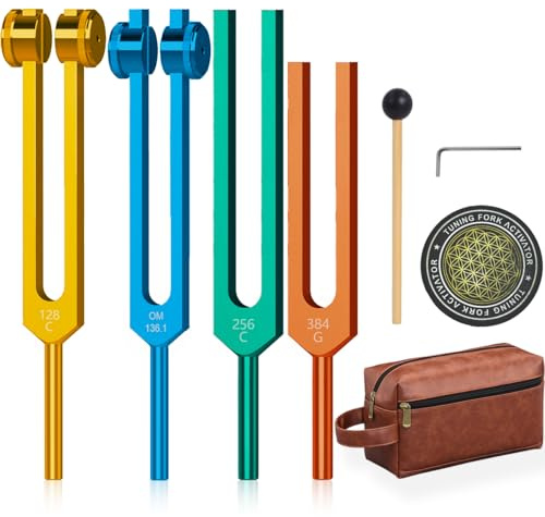 Verbesserte Resonanz-Stimmgabeln für Heilung, gewichtetes und ungewichtetes Stimmgabel-Set inklusive 128 Hz, 136 Hz, 256 Hz, 384 Hz und Hockey-Puck-Aktivator, Chakra-Soundtherapie-Instrumente