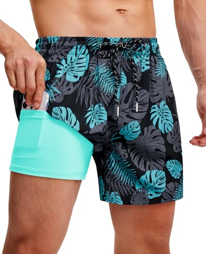 Gleeease Mens Swim Trunks with Compression Liner Mens Bathing Suit 5 inch with Compression Liner Pockets Drawstring 2 in 1 Quick Dry Stretch Lined Funny Beach Swimming Pool Black Blue Leaf X-Large