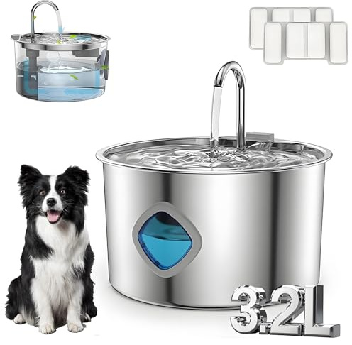 Pawdrate - Fontana d'acqua per cani, con filtri (3,2 litri), dispenser per liquidi per cani in acciaio inox, con livello dell'acqua visivo e pompa silenziosa, corretta idratazione (Si, 1 pezzo + 2