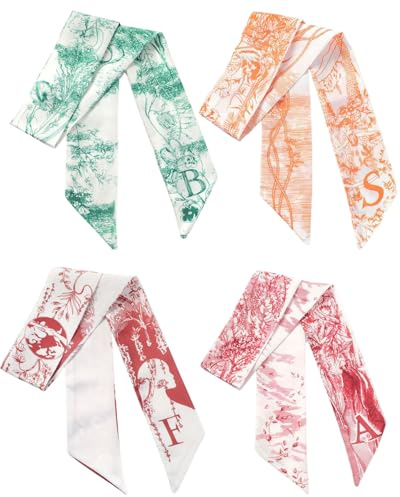 FUGLUS 4PCS seidentuch damen, Haarband, Handtaschengriff, Krawatte, Schal, Halstuch, Eleganter Seidenschal, Bandana, Halstuch und Kopftuch, Geschenk für Frauen, Vielseitiges Seidenschal