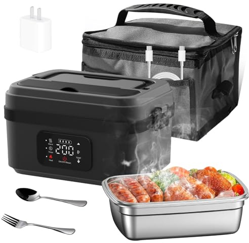 Elektrische Lunchbox mit Akku, 1L Tragbare Elektrische Lunchbox mit Timer und einstellbarer Heizfunktion, Beheizbare Brotdose mit Isoliertasche, Gabel & Löffel für Arbeit Reisen Unterwegs,Grauschwarz