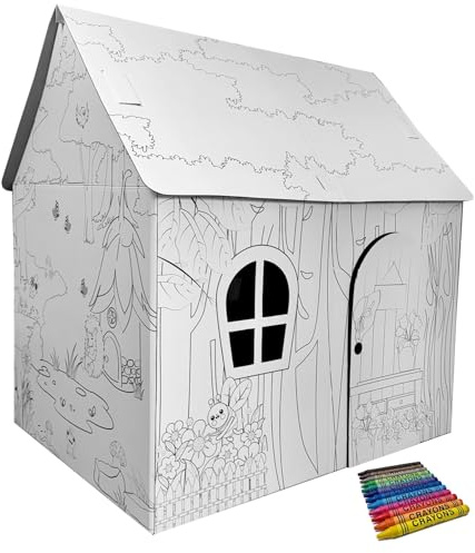 Generisch Malhaus Frühling aus Karton – Spielhaus zum Bemalen für Kinder | Indoor Kinderspielhaus mit Türen & Fenstern | Bastel- & Kreativspaß inkl. 12 Wachsmalstiften