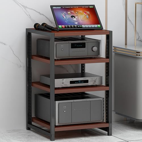LIMENQIN 3/4/5/6-stufige Audio Rack, HiFi AV-Medienständer, Schallplatten Regal mit Höhenverstellbaren Holzregalen, Offener Plattenspieler Schrank(Brown,4 Tier 50x40x60cm)