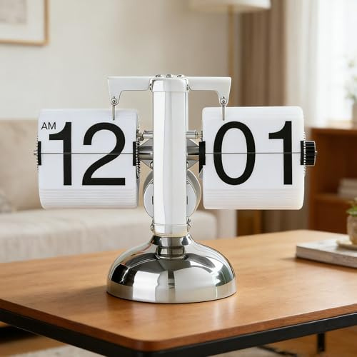 Bcuuozeeing Flip Uhr Retro, Flip Schreibtischuhr, Schreibtischuhr Vintage Design, Automatisches Drehen Retro Digital Flip Down Uhr, Automatische Tischuhr für Zuhause Büro, Wohnzimmer (Weiß)