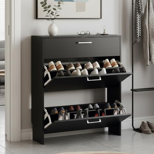 LEADZM Schuhschrank Schmal,Schuhkipper 80 x 24 x 94 cm | mit 2 Flip-Schubladen Schuhregal mit 1 Schubladen für den Eingang, Flur, Wohnzimmer