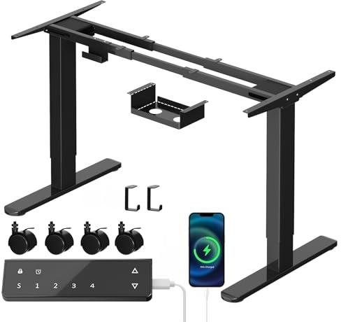 TRIUMPHKEY Höhenverstellbarer Schreibtisch Gestell mit 130KG Tragfähigkeit | Doppelmotor,Type-C & USB-A,Elektrisch Tischbeine mit 4 Speicherhöhen, Haken & Kabelmanagement, Verstellhöhe 72-120cm,Schwarz
