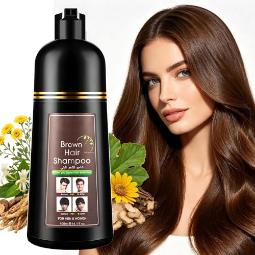 YUOLITA Shampoing Colorant Brun Hair Dye Shampoo 3 en 1,400ML Shampooing Teinture Cheveux Blancs, Naturelle Coloration Brun, Instantanée Color Shampoo pour Hommes et Femmes