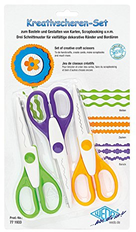 WEDO 77 1933 Set of 3 Creative Scissors Wavy Cut, Serrated Cut and Deckle Cut Green, Purple, Orange