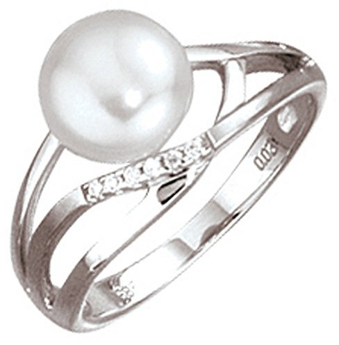 Jobo Damen-Ring aus 14 Karat 585 Weißgold mit Perle und 6 Diamanten Größe 60