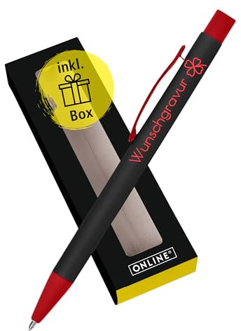 Online Personalisierter Kugelschreiber mit Gravur Soft Metal Black & Red in Geschenkbox I Softtouch Feeling I auswechselbare Großraum-Mine I Schreibfarbe schwarz I Aluminium I persönliches Geschenk