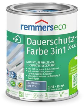 Remmers Dauerschutz-Farbe 3in1 [eco] taubenblau (RAL 5014), 0,75 Liter,für innen und außen, 3in1: Isoliergrund, Zwischen- und Schlussbeschichtung