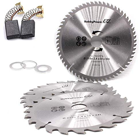 3 Kreissägeblätter Sägeblatt Hartmetall für Holz 210 x 30mm 24, 40 und 60 Z Zähne + 3 Reduzierringe auf 24,4mm, 20mm und 16mm + Kohlebürsten für Güde Kapp Gehrungssägen GRK 210/300