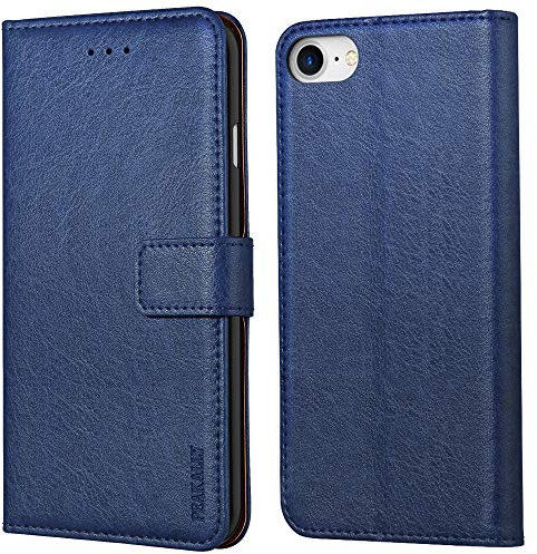 Peakally Handyhülle für iPhone SE 2022 5G/SE 2020/6/6S/7/8 Hülle, Premium Leder Flip Case Tasche Schutzhülle Brieftasche Klapphülle [Kartenfächer] [Standfunktion] [Magnet]-Schwarz-Blau
