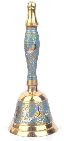 SATVIK 1 Pc Blue Pure Brass Puja Bell with Handle Metal Pooja Handheld Ringing Bell Religious Pooja Ghanti for Mandir Home Christmas Color Bell Indian Housewarming Return Gift Items Bulk Puja Article