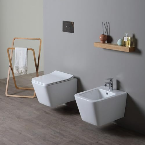 Kiamami Valentina - Coppia di Sanitari Sospesi WC e Bidet in Ceramica con Smalto Antibatterico e Sistema Rimless | Rock