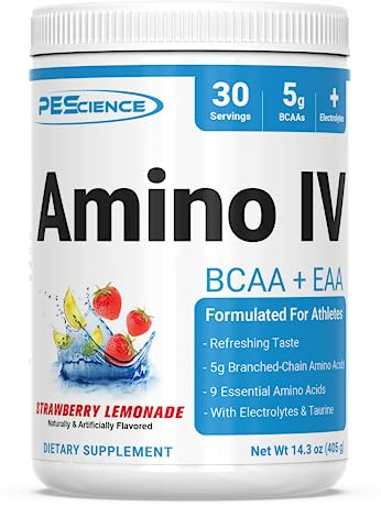 PEScience Amino IV BCAA & EAA Powder, Essential Amino Acids, Taurine, Electrolytes for Hydration and Muscle Recovery, Sugar Free for Men & Women, Post Workout - Strawberry Lemonade, 30 Servings