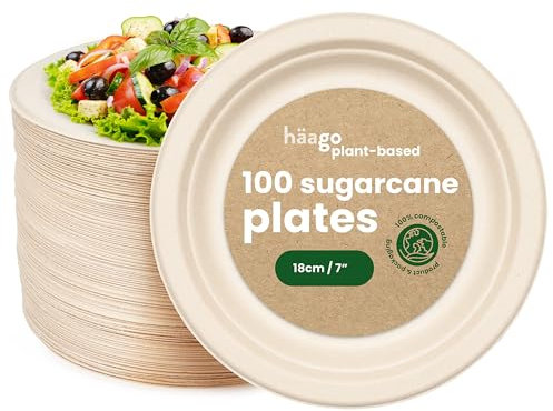 HAAGO 100 Compostable Sugarcane Dessert Plates, 18 cm / 7 Small Plate – Strong, Grease- & Leak-Proof Paper Plates – Biodegradable Disposable for Desserts, Starters & Snacks