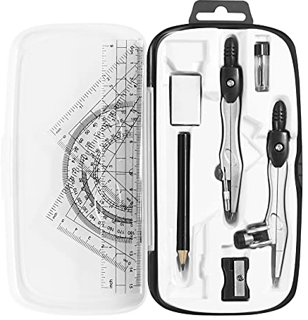 Unjoo Math Geometry Kit Sets 10 Piece Student Supplies with Shatterproof Storage Box,Includes Rulers,Protractor,Compass,Eraser,Pencil Sharpener,Lead Refills,Pencil,for Drafting and Drawings（Black）