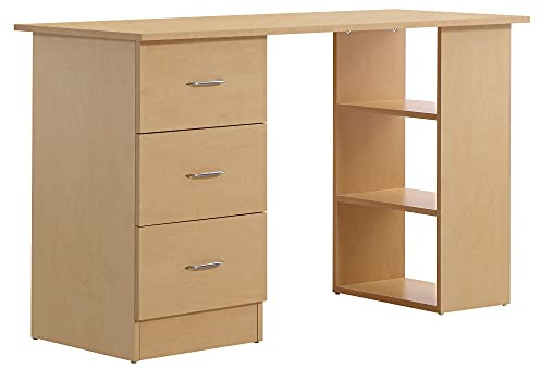 HOMCOM Bureau d'Ordinateur avec 3 Tiroirs Moderne 120x49x72cm Bois Clair | 3 Étagères Ouvertes, Rangement Réversible, Table Informatique, Chambre, Petit Espace, Télétravail