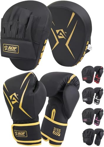 AQF Boxhandschuhe Und Pratzen Set Für Boxsack Kickboxen Kampfsport Training | 08–16 Oz, Box-Set Erwachsene, Kunstleder, Mehrlagige Polsterung, Komplettes Trainingsset, Boxing Gloves Mit Gebogenen Boxpad
