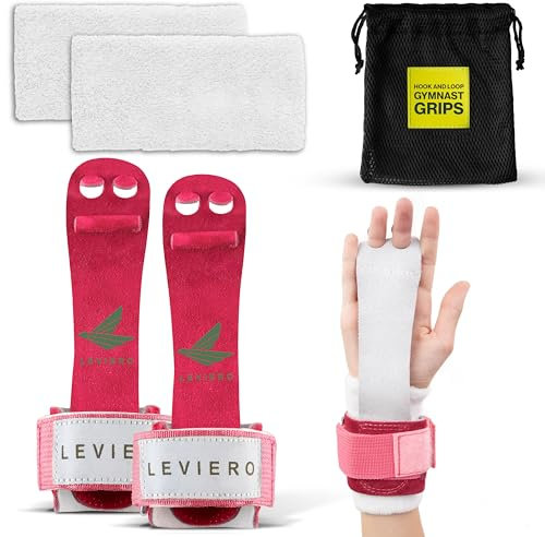 LEVIERO Gymnastik Griffe Set Schmale Zange, Griffe für Gymnastik Mädchen, Dübelgriffe mit weichem Leder, Klettverschluss Handschlaufen, und verstellbaren Fingerlöchern, für jedes Alter - (Rosa, 00)
