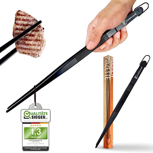 Edle schwarze Kochpinzette/Grillpinzette (30cm) Edelstahl mit Aufhängung - Stabile Küchenpinzette zum Dekorieren, Anrichten und Wenden von Speisen aller Art