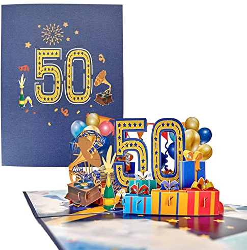 TOG BEG® 3D Pop-up Grußkarte mit Nummer und Dekolationen wie Luftballon, Geschenke zum 50. Geburtstag oder Jubiläum, Perlenhochzeit für Eltern, Großeltern, Freunde inkl. Umschlag (50)