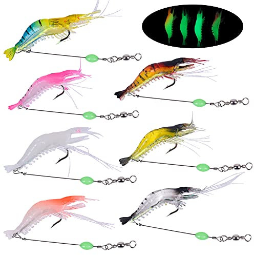 Cozlly 7 Stück Kunstköder Silikon Shrimp,Luminous Shrimp Angelköder Set,Fluoreszenz Garnelen Angelköder,Lebensechtes Angelköder Kit,Künstlicher Garnelenköder,für das Angeln im Freien