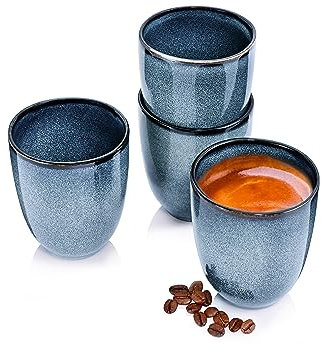 Sänger | Tasse ohne Henkel Darwin 4 tlg, Kaffee Gläser 4 Personen, Steingut Kaffee Becher, Kaffeebecher ohne Henkel Handmade, Mokka Tassen Set, Kaffeebecher Set Blau 180 ml | PREMIUM COLLECTION