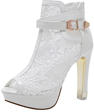 QWUVEDS stiletto tacchi alti tacchi alti neri tacchi alti Casual Pizzo Sandali Fiori Alte Donne Adorabili Donne Tacco Cava Cerniera Scarpe Mesh Donne Sandali Mare Scarpe, bianco, 39 EU