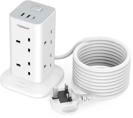 Tower Extension Lead 5M with USB C Slots, TESSAN Surge Protected 8 Way Multi Plug Adaptor, 3 USB Plug Power Strip with Switch, Long Extension Cable for Home Office Supplies