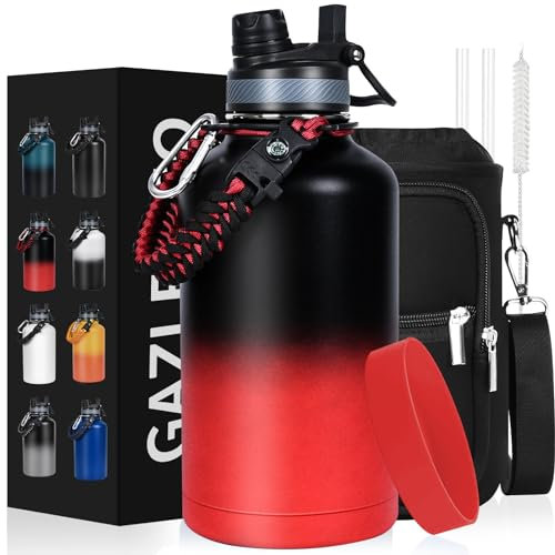 GAZLEMHO Insulated Water Bottle 64 oz, Half Gallon Water Jug Cold 48H, BPA Free Stainless Steel Bottles with Straw/Chug 2-in-1 Lid, Bag, Paracord Handle, Silicone Boot, Sports Gym School Metal Flask
