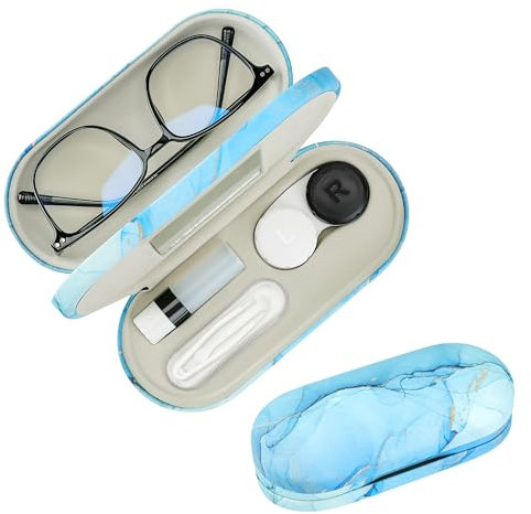 Zettokete Custodia 2 in 1 per lenti a contatto e occhiali, design double face a doppio uso con specchio, pinzette e flacone di soluzione per lenti a contatto, kit di archiviazione portatile