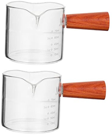 PRETYZOOM Taza Medidora Para Espresso De Vidrio 75 Ml Con Mango De Madera y Doble Boquilla, Recipiente Para Café y Leche, Adecuado Para Cafeterías y Uso Doméstico, Juego De 2 Piezas