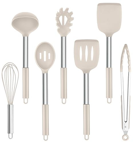 Homikit Küchenhelfer Set, 7-teiliges Silikon Küchenutensilien Kochbesteck Set mit Edelstahlgriff, Hitzebeständiger Kochgeschirr, Antihaft Silikon, Leicht zu Reinigen & Spülmaschinenfest,Khaki